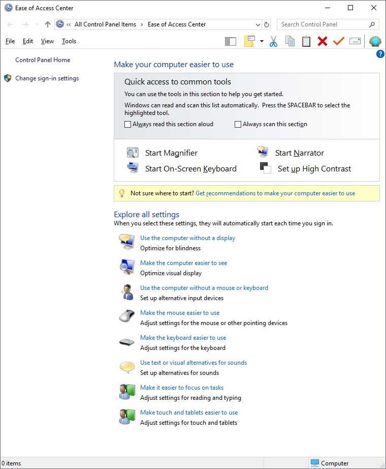 Windows Ease of Access Center
