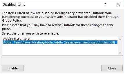 Tắt Microsoft Outlook Add-in