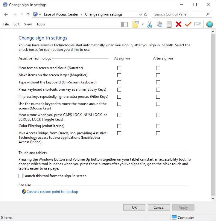 Windows Ease of Access Center