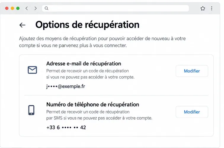 Page illustrative Options de récupération affichant une adresse e-mail masquée, un numéro de téléphone et des boutons Modifier