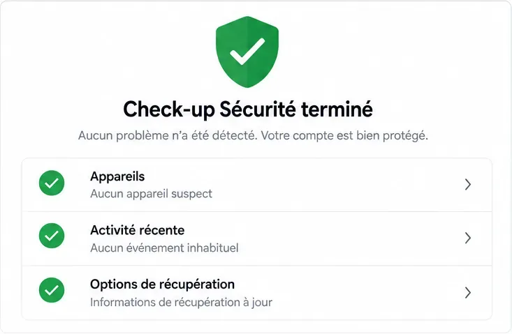 Résumé illustratif d’un Check-up Sécurité terminé avec un bouclier vert et des lignes de vérification