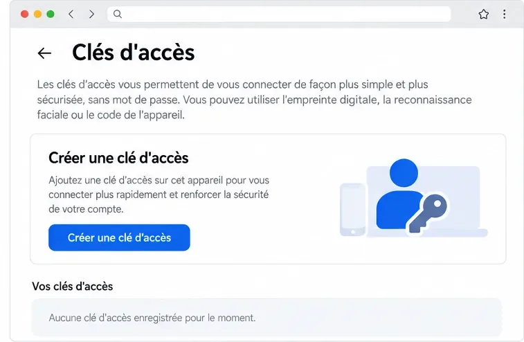 Page Clés d’accès illustrative avec le bouton Créer une clé d’accès et une description de la connexion par appareil