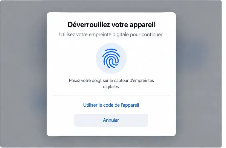 Fenêtre illustrative Déverrouillez votre appareil avec une empreinte digitale, le code de l’appareil et un bouton Annuler