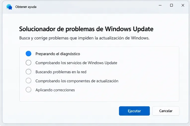 La ventana Obtener ayuda presenta el solucionador de problemas de Windows Update y una lista de comprobaciones.