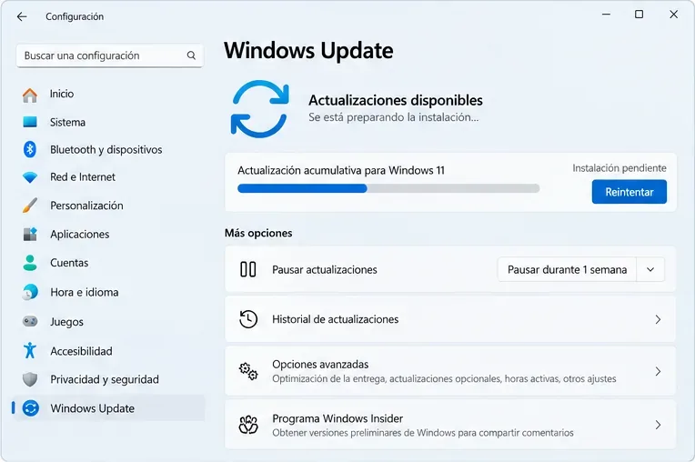La pantalla de Windows Update muestra una actualización acumulativa para Windows 11 pendiente de instalación y un botón Reintentar.