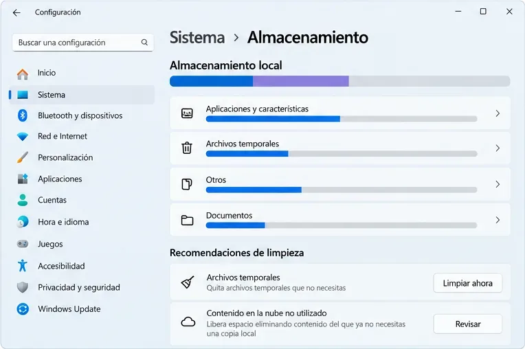 Configuración de Windows 11 muestra Almacenamiento, categorías de archivos y recomendaciones de limpieza.