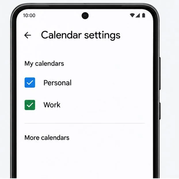 Calendar settings illustration showing Personal and Work calendars checked as visible