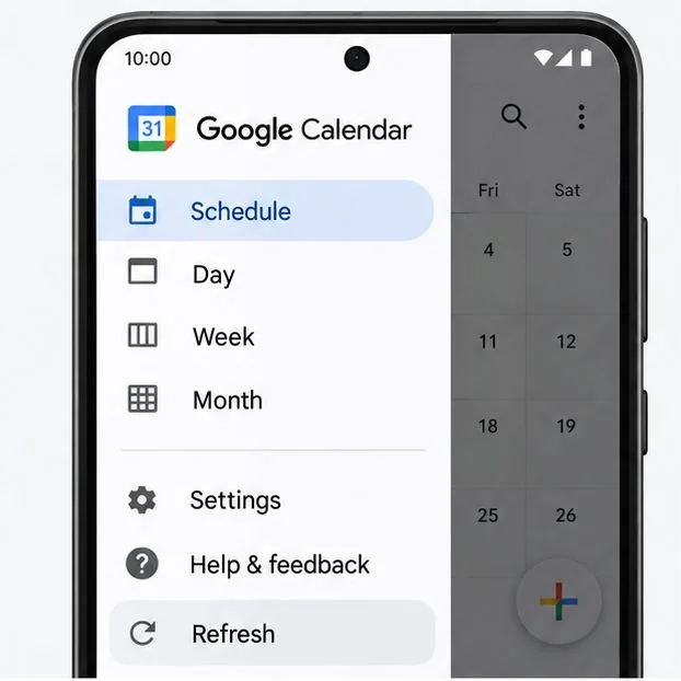 Google Calendar side menu illustration with the Refresh command visible