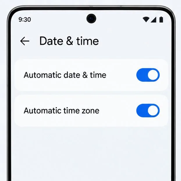 Android Date and time settings illustration with Automatic date and time and Automatic time zone switched on