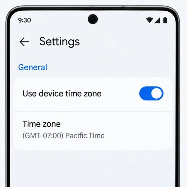 Google Calendar General settings illustration showing Use device time zone and a Time zone row