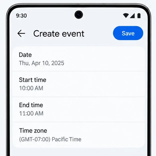 Google Calendar event editor illustration showing a date, start time, end time, and time-zone field