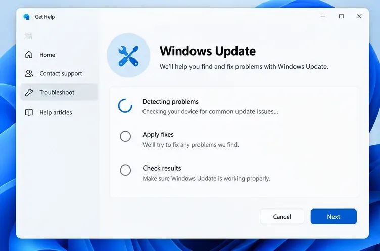 Janela ilustrativa do aplicativo Obter Ajuda examinando problemas relacionados ao Windows Update.