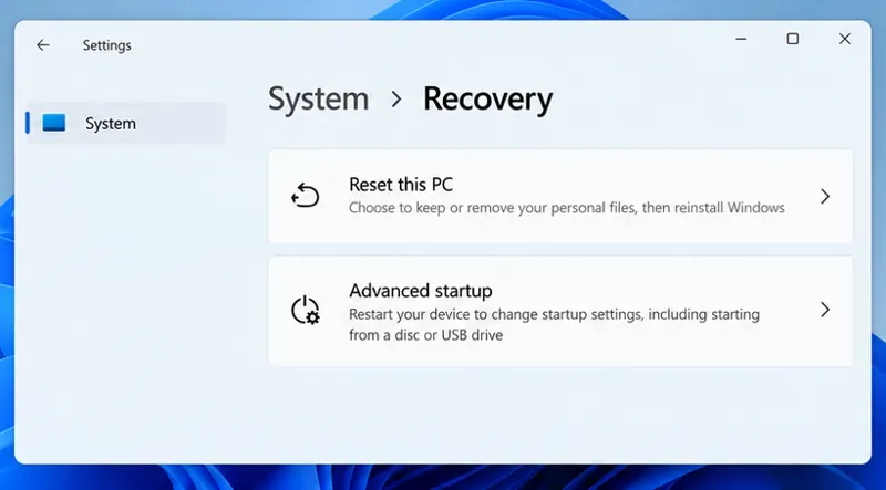 Tela ilustrativa de Sistema e Recuperação com as opções Redefinir este computador e Inicialização avançada.