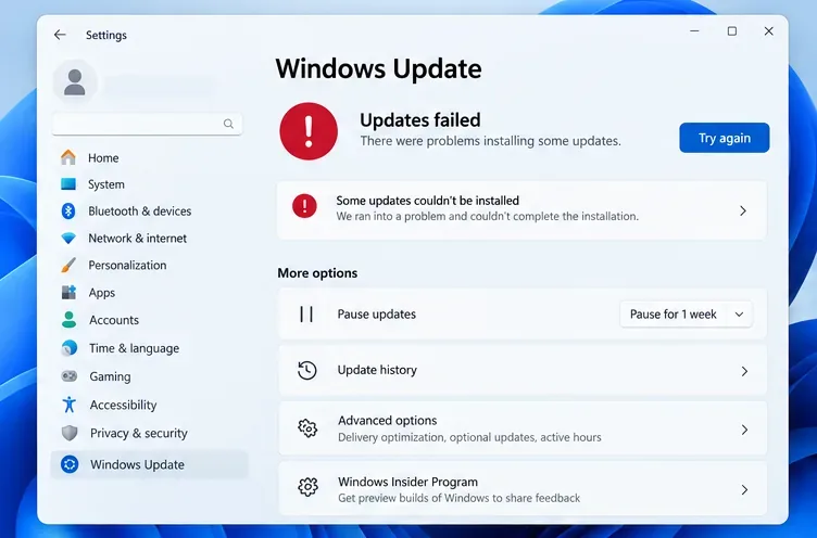 Janela ilustrativa do Windows Update com aviso de falha e acesso ao histórico de atualizações.