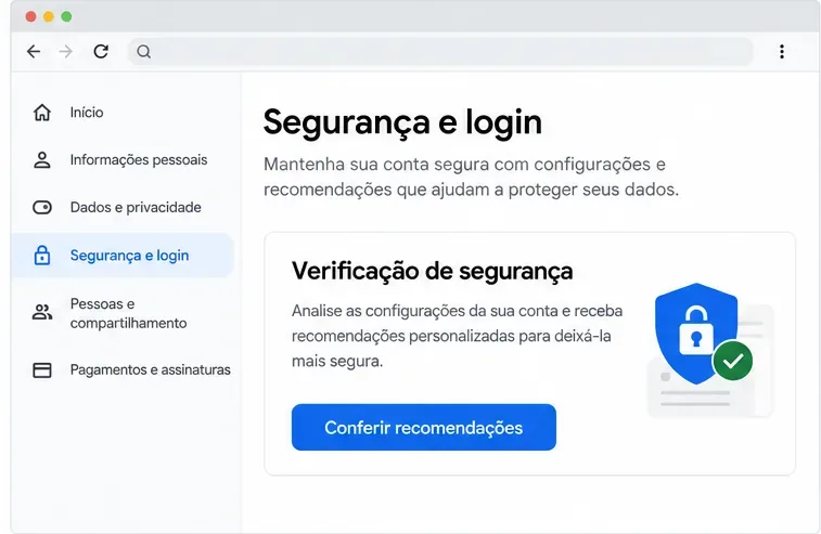 Tela ilustrativa Segurança e login com um cartão Verificação de segurança e o botão Conferir recomendações