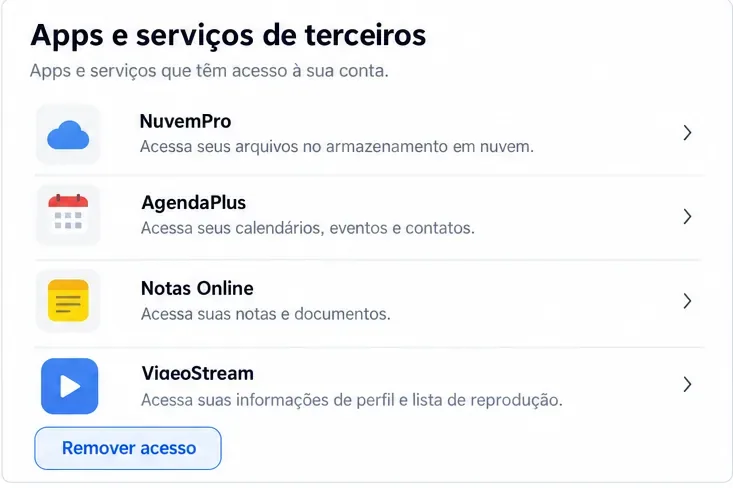Tela ilustrativa Apps e serviços de terceiros com nomes fictícios e permissões de acesso à conta