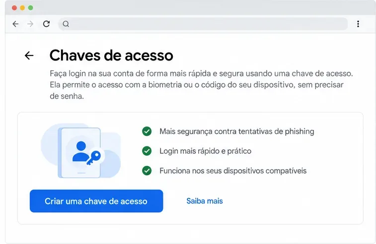 Tela ilustrativa Chaves de acesso com um botão Criar uma chave de acesso e explicação do método