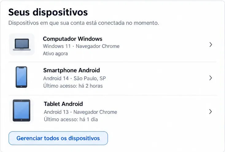 Lista ilustrativa Seus dispositivos com exemplos de computador, smartphone e tablet e o botão Gerenciar todos os dispositivos