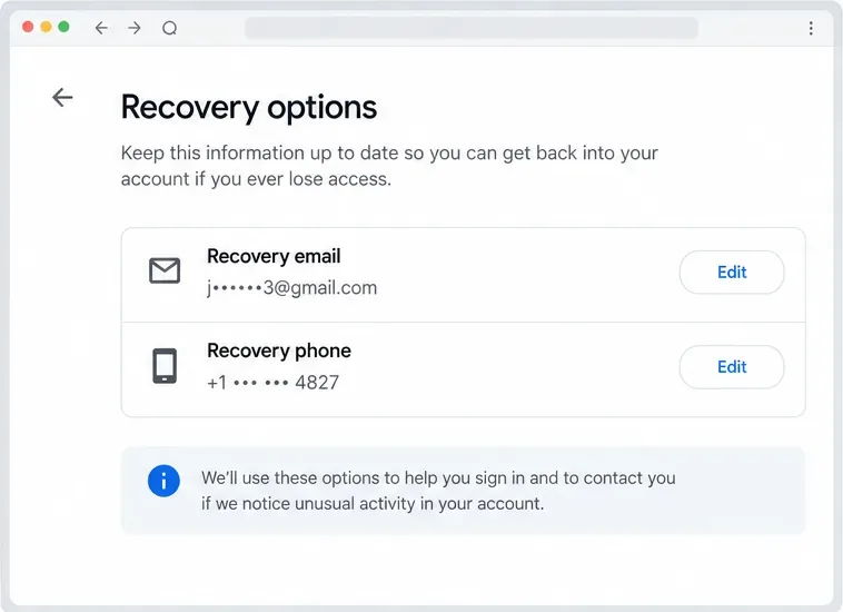 Illustrative recovery options page showing recovery email and recovery phone rows with edit controls