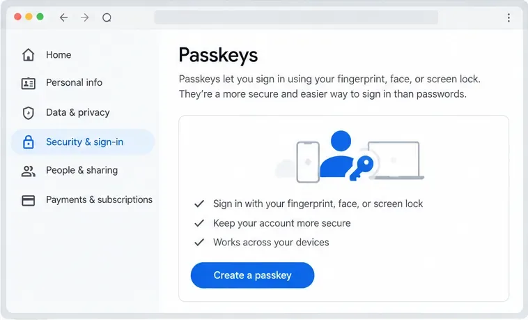Illustrative Passkeys settings page with a Create a passkey button and device sign-in explanation