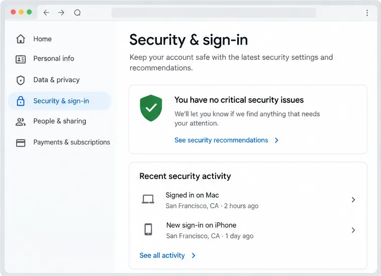 Illustrative Google Account Security & sign-in page with a security recommendations card and recent security activity panel