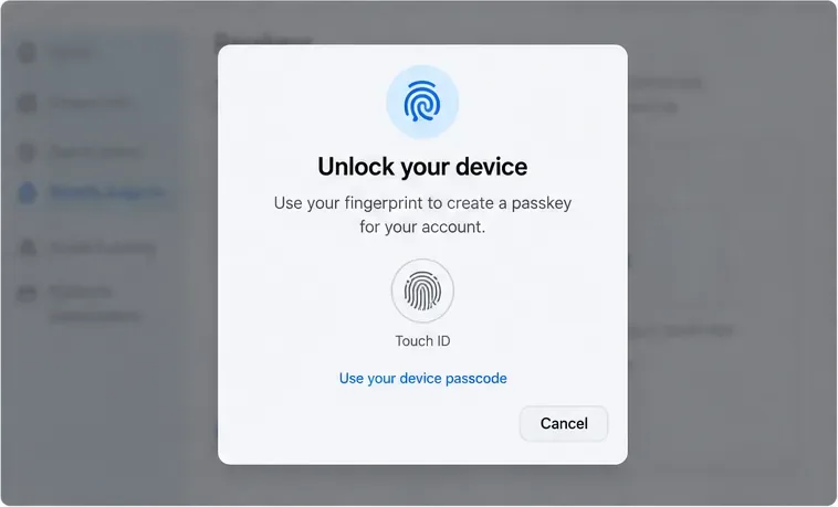 Illustrative device security prompt asking for a fingerprint or device passcode to create a passkey