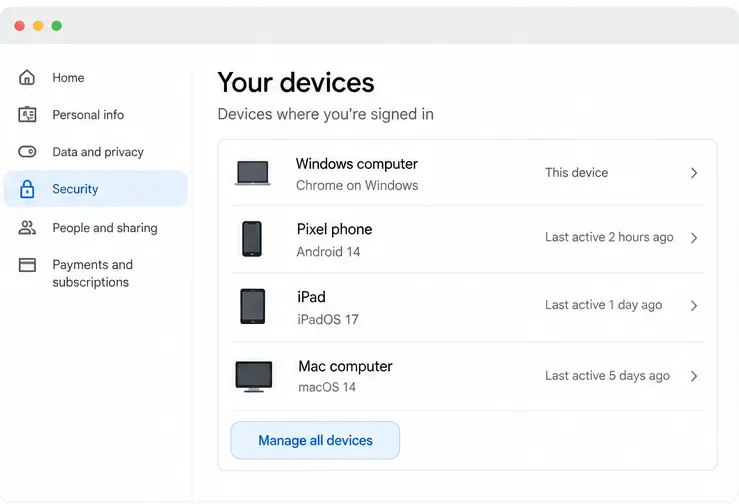 Illustrative Your devices panel listing sample computers, a phone, and a tablet with a Manage all devices button