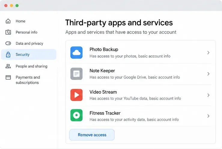 Illustrative third-party apps and services page with fictional app entries and an access control
