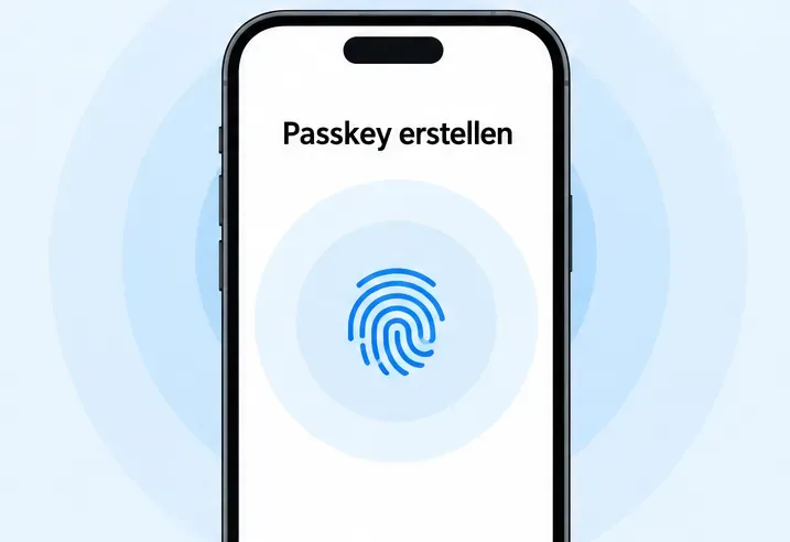 Smartphone mit der Anzeige „Passkey erstellen“ und einem Fingerabdrucksymbol als Beispiel für die Bestätigung auf dem eigenen Gerät.