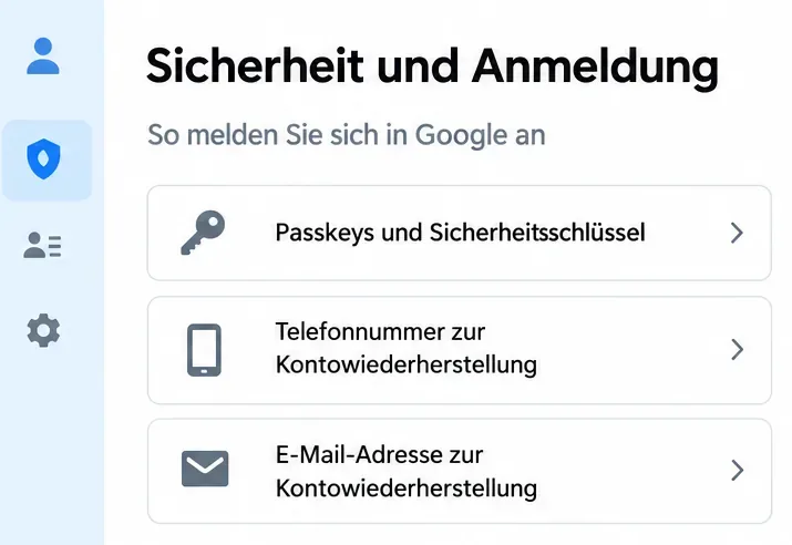 Google-Kontoeinstellungen mit den Bereichen „Passkeys und Sicherheitsschlüssel“, Telefonnummer und E-Mail-Adresse zur Kontowiederherstellung.
