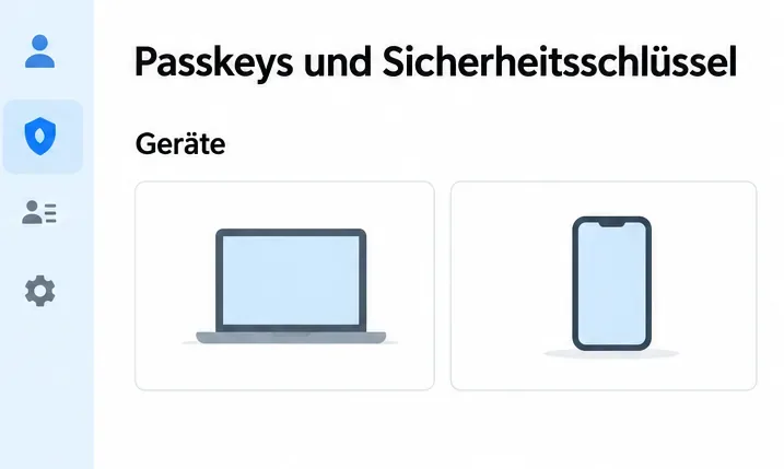Ansicht „Passkeys und Sicherheitsschlüssel“ mit einfachen Symbolen für einen Computer und ein Smartphone.