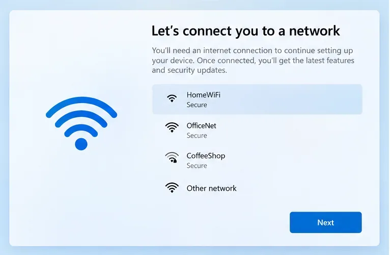 Windowsのセットアップ画面のような画面で、Wi-Fiネットワークの一覧、大きなワイヤレスアイコン、そしてネットワーク接続段階の「次へ」ボタンが表示されている。