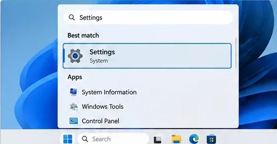 Windows の検索結果で、現在の Windows デスクトップ上で設定アプリが最適な一致として表示される。
