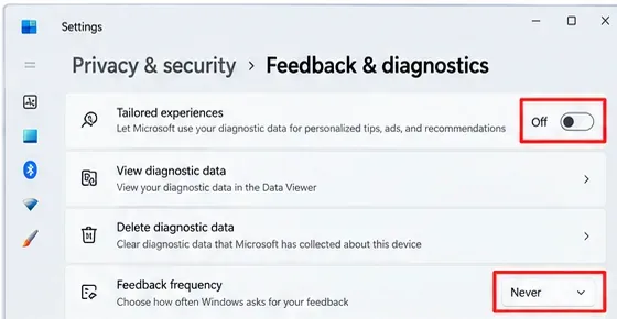 Windows 診断とフィードバックのページで、カスタマイズされたエクスペリエンスがオフ、診断データ ビューアー、診断データの削除、フィードバック頻度が「なし」に設定されていることが示されています。