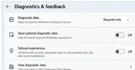Windows 診断とフィードバックのページで、必須の診断データのみを表示し、オプションの診断データは無効、カスタマイズされたエクスペリエンスは無効、および診断データの表示オプションを表示します。