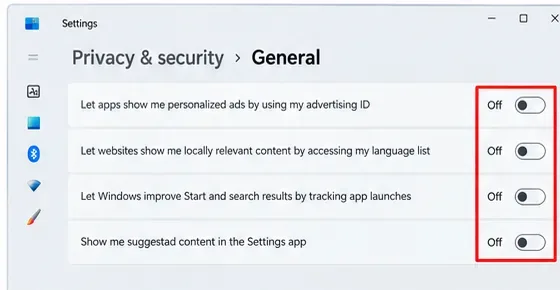 Windowsの全般的なプライバシー設定で、広告ID、言語リスト、アプリ起動追跡、およびおすすめコンテンツのスイッチをオフにする
