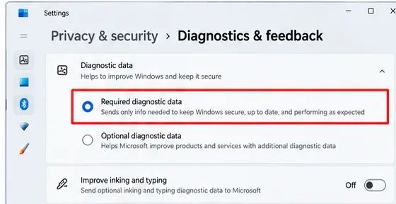 Windowsの診断とフィードバック設定で、「必須の診断データが選択されました」と「オプションの診断データは選択されていません」と表示されます。
