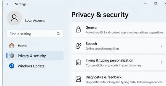 Windowsの設定のプライバシーとセキュリティのページに、「全般」、「音声」、「手書き入力とタイピングのパーソナライズ」、「診断とフィードバック」が表示されます。