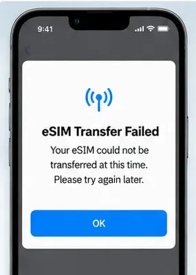 Écran d'iPhone affichant un message d'échec du transfert eSIM avec un bouton OK