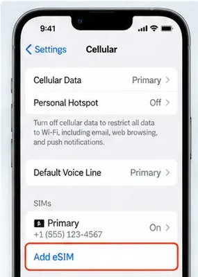 Écran des réglages Données cellulaires de l'iPhone avec l'option Ajouter un eSIM mise en évidence