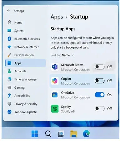 Windows 設定のスタートアップ アプリ ページには、自動起動用のアプリごとの切り替えスイッチがあります。