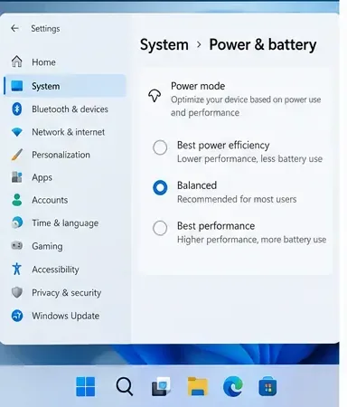 Windowsの電源とバッテリー設定で、「最適な電力効率」、「バランス」、「最適なパフォーマンス」モードが表示されます。