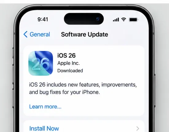 Esempio di schermata di aggiornamento software per iPhone che mostra un aggiornamento iOS 26 pronto per l'installazione.