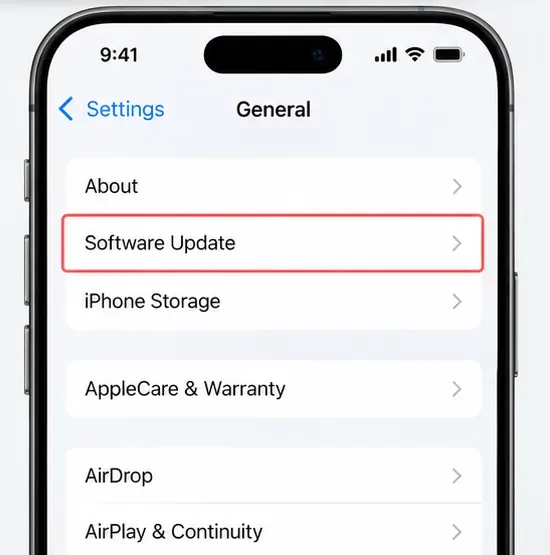 Schermata Impostazioni iPhone - Generali con Aggiornamento software evidenziato sopra Spazio iPhone