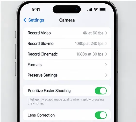Impostazioni della fotocamera dell'iPhone che mostrano "Priorità scatto più veloce" abilitato e "Correzione obiettivo" abilitato
