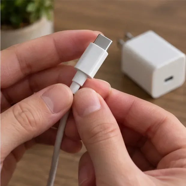 USB-Cケーブルコネクタを、USB-Cウォール電源アダプタの横で手作業で検査している様子をクローズアップした画像。
