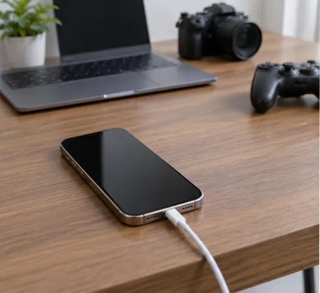 机の片隅に置かれたスマートフォンは充電中で、近くにはノートパソコン、カメラ、コントローラーが置かれている。