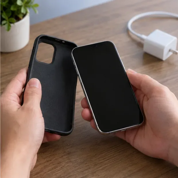 開いた木製の机の上に、黒い保護ケースを取り外したスマートフォンが、両手で握られている。