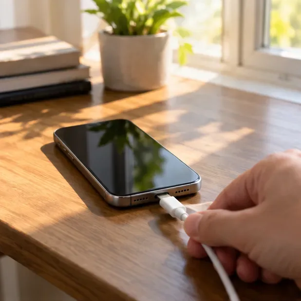 直射日光や熱源から離れた木製の机の上に置かれたスマートフォンから、USB-C充電ケーブルを外す手。