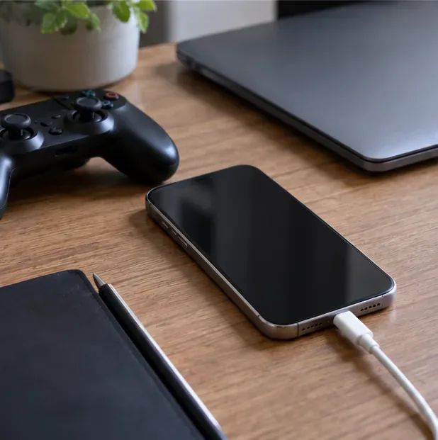 ゲームコントローラーとノートパソコンの横の机の上で充電中のスマートフォン。スマートフォンの画面はオフになっている。